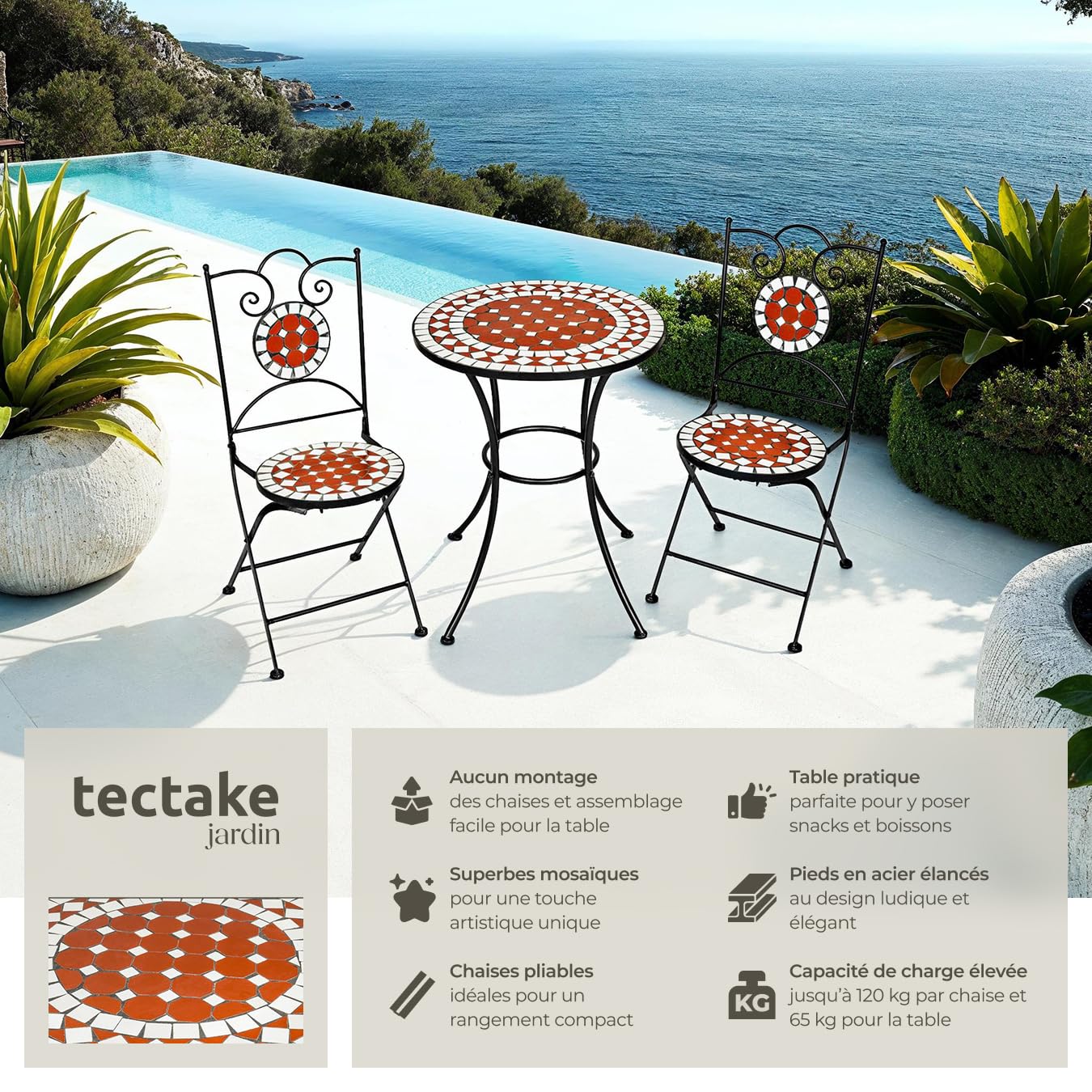 tectake® Ensemble Table et Chaises en Mosaïque Table de Bistrot Bar Salon de Jardin Exterieur, Structure en Acier lâqué époxy, Mobilier de Jardin Amenagement Balcon Terrasse
