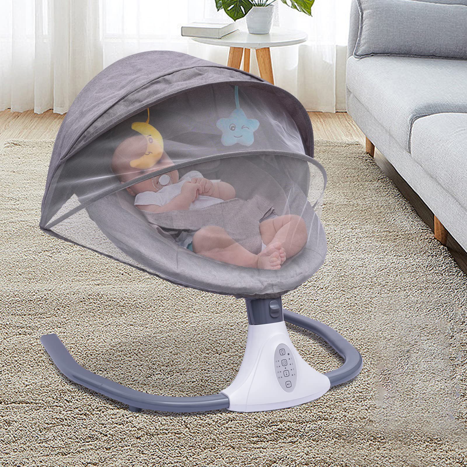 Altalena elettrica per bambini, per interni con baldacchino oscurante, con telecomando, 12 musica Bluetooth, per bambini da 0 a 18 mesi, fino a 44,09 libbre (grigio)