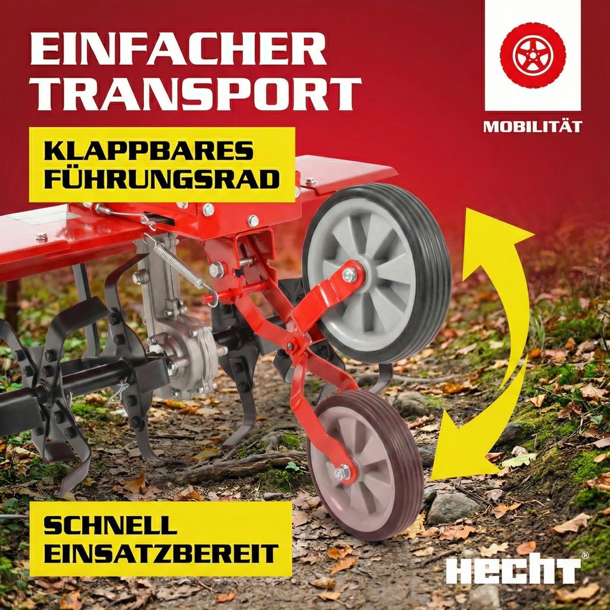 HECHT Benzin Motorhacke 4,08 PS - mit 60 cm Arbeitsbreite – 4 Takt Motor – 24 Harte Messer – Bodenfräse – Gartenhacke – Kultivator – zum Boden umgraben und lockern - Gartenfräse Benzin