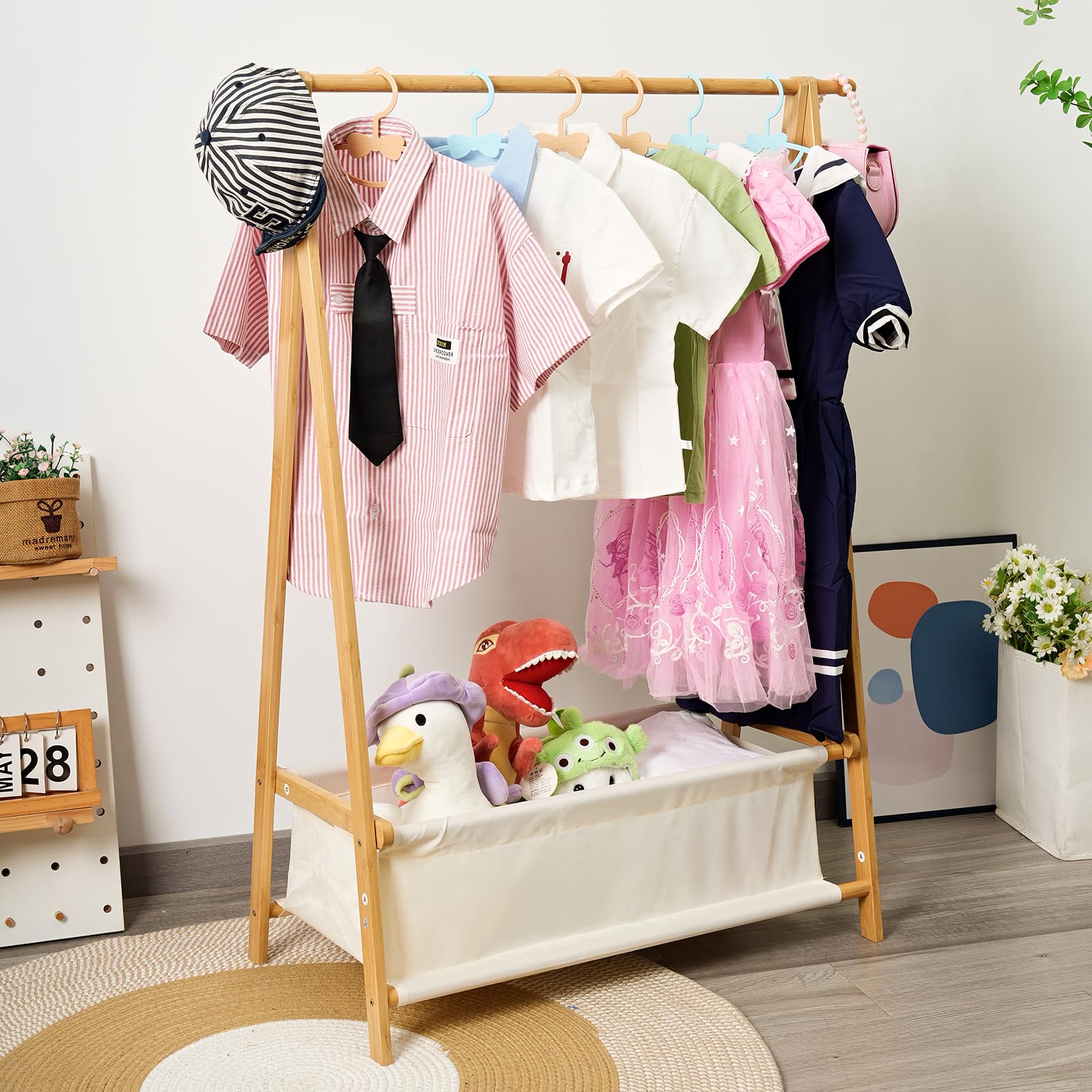 Bamboo Kids Clothing Rack with Storage Box - Foldable,Kids Dress Up Rack with Hooks & Rod, Organize Dress Up Storage & School Uniforms, Perfect for 4-13 Year Olds (Natural)