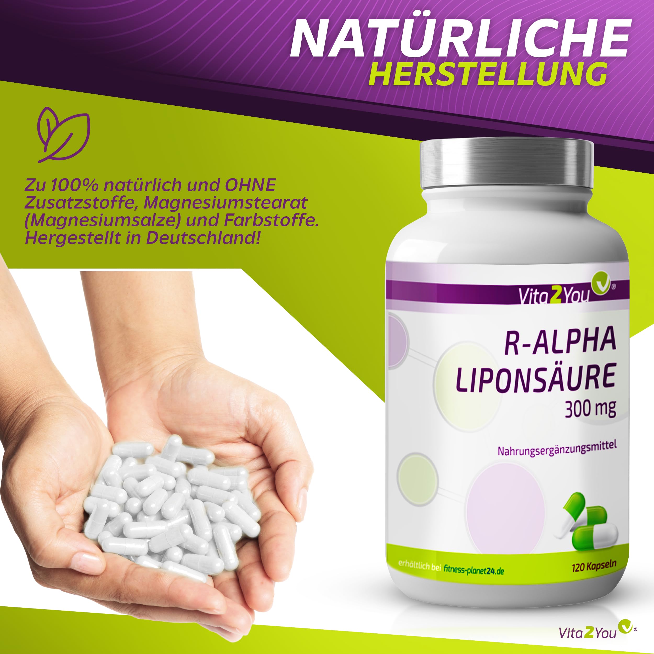 Vita2You R - Alpha Liponsäure 300mg - 120 Kapseln - Hohe Bioverfügbarkeit durch R-Form - Hochdosiert - Vegan - Premium Qualität