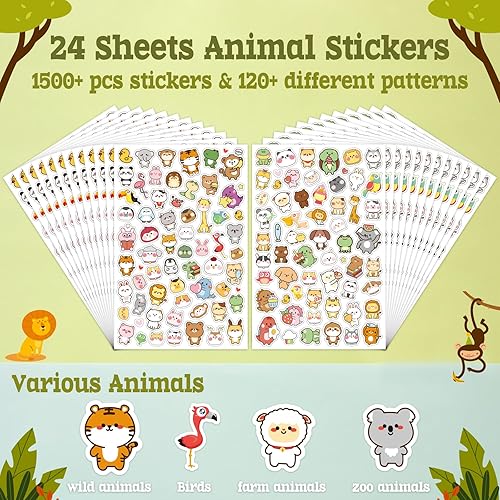 Miniatura 4 de LINAYE 24 hojas de calcomanías de animales lindos para niños, paquete de 1500 calcomanías adhesivas de animales kawaii, calcomanías de animales a