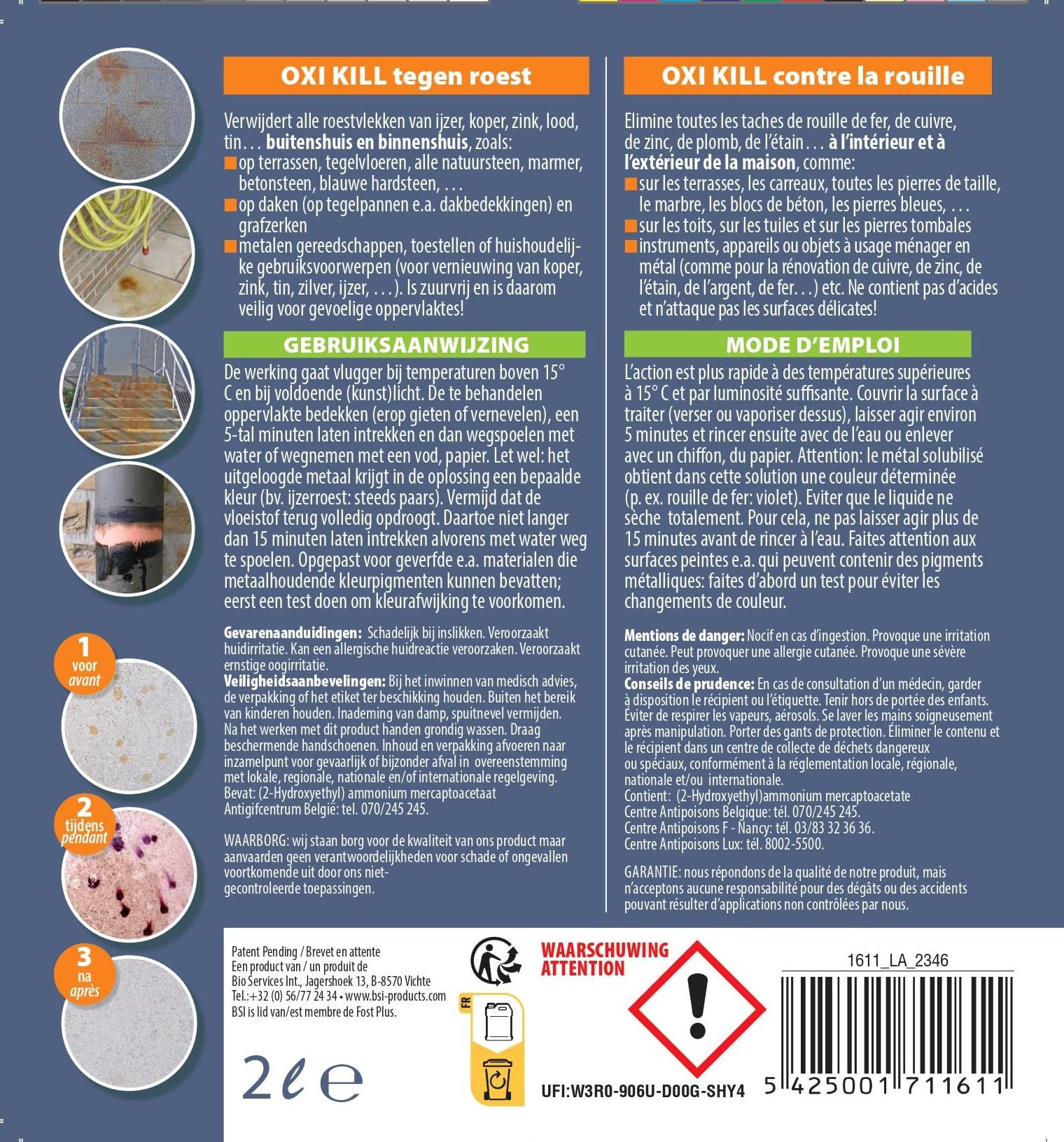 BSI - Oxi Kill - Nettoyant - Pour Ôter Les Tâches De Rouille - Efficace Sur Toutes Les Surfaces - Utilisation En Extérieur Comme Intérieur - Bidon - 2l - Prêt A l'Emploi