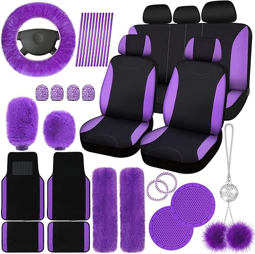 Woanger Juego completo de 47 fundas de asiento de automóvil para mujer, incluye asiento delantero y trasero, funda esponjosa para volante, cinturón