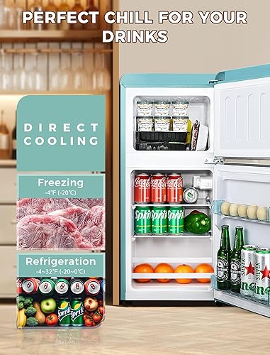 Miniatura 3 de Refrigerador de 3.2 pies cúbicos con congelador, refrigerador retro de doble puerta con termostato de 7 niveles, estantes de vidrio extraíbles