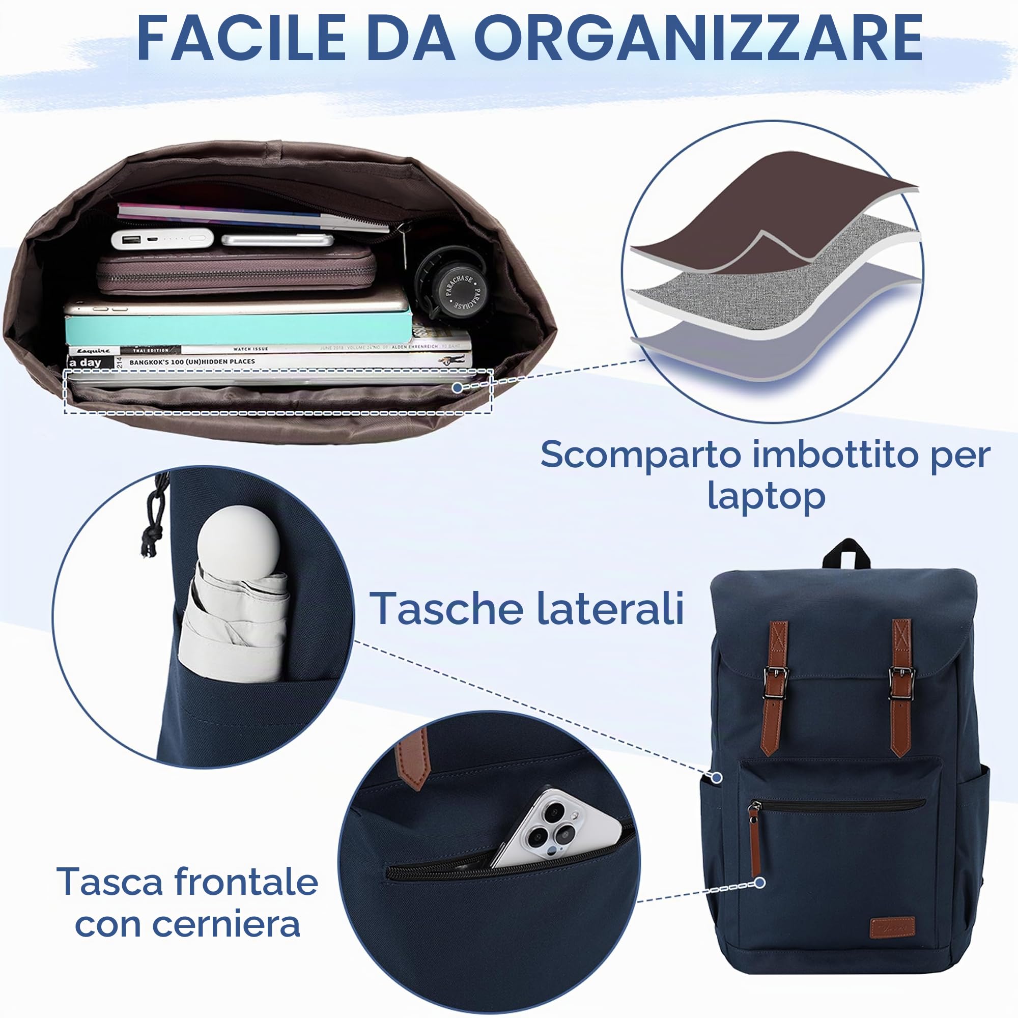 VASCHY Zaino Università Vintage, Casual per Uomo e Donna, Scuola Superiore, Viaggio, Mare, Zainetto in Pelle, Trekking, Campeggio