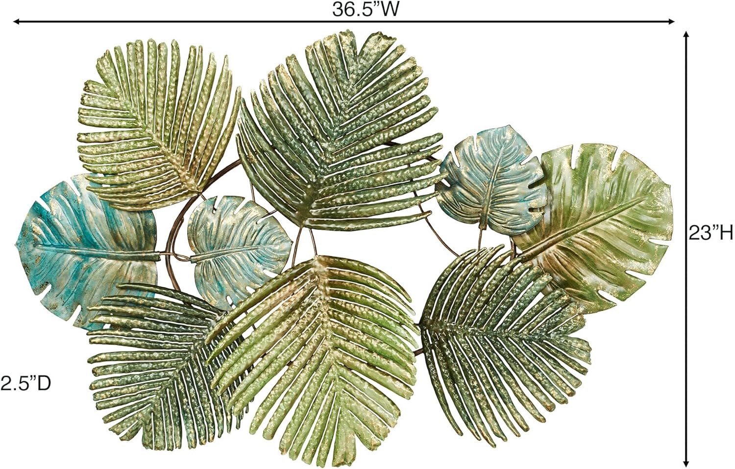 Touch of Class Tropical Leaf Collage Metal Wall Art | Textured Green Palm Leaves with Gold Accents | Large 36.5 Inch Exotic Nature-Inspired Wall Sculpture