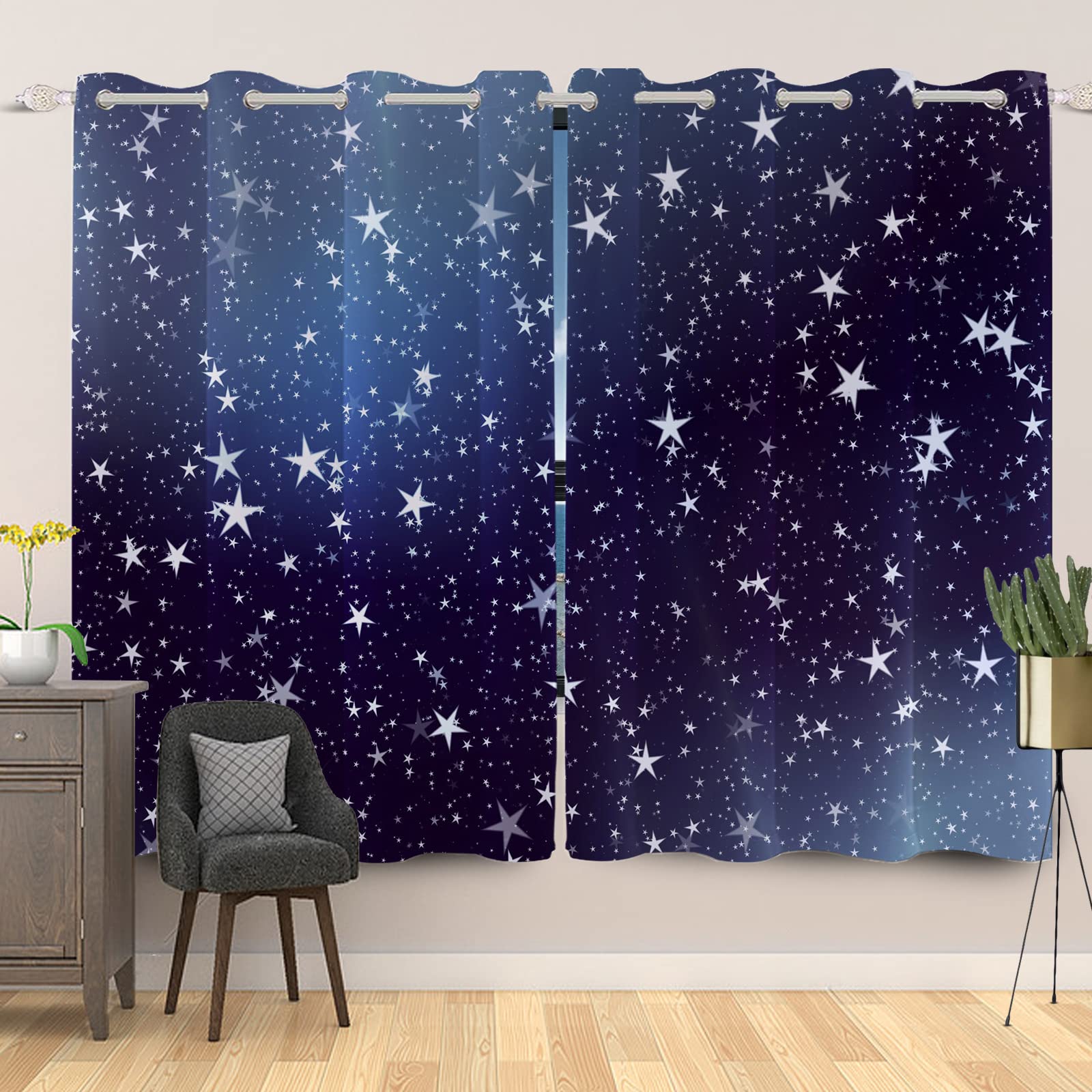 107x215cm Rideau à œillets pour chambre d'enfant Étoile brillante Ciel bleu Pentacle Impression d'art Séparateurs de pièces Rideaux de fenêtre pour Garçons filles Salle de jeux Salon,2 panneau