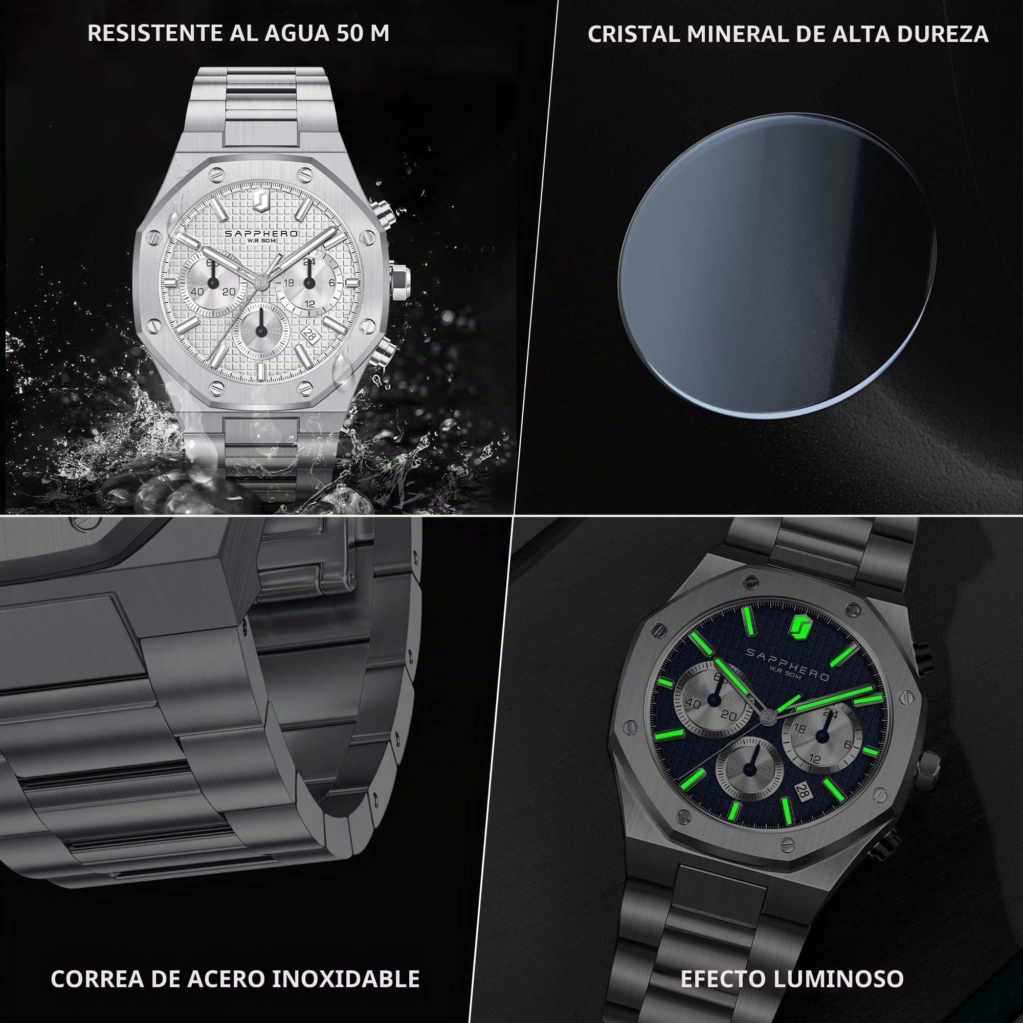 SAPPHERO Reloj para Hombre Reloj de Hombre Relojes de Pulsera para Hombres Impermeable Business Date Sport Time Moda Acero Inoxidable Plata-Azul