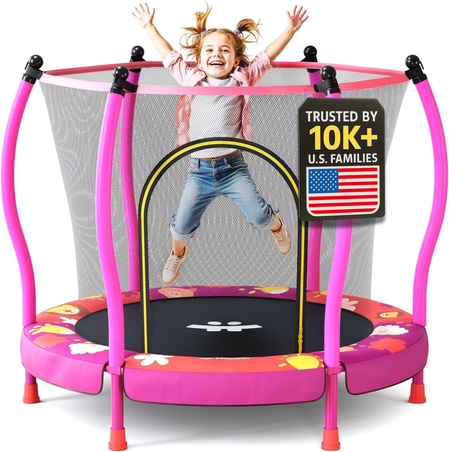 Happin 55” Toddler Trampoline Indoor & Outdoor Playset Ages 1-6, 5FT Kids, Ultra Safe Mini Trampoline for Kids with Safety Enclosure Net, Gifts for Birthday with Basketball Hoop