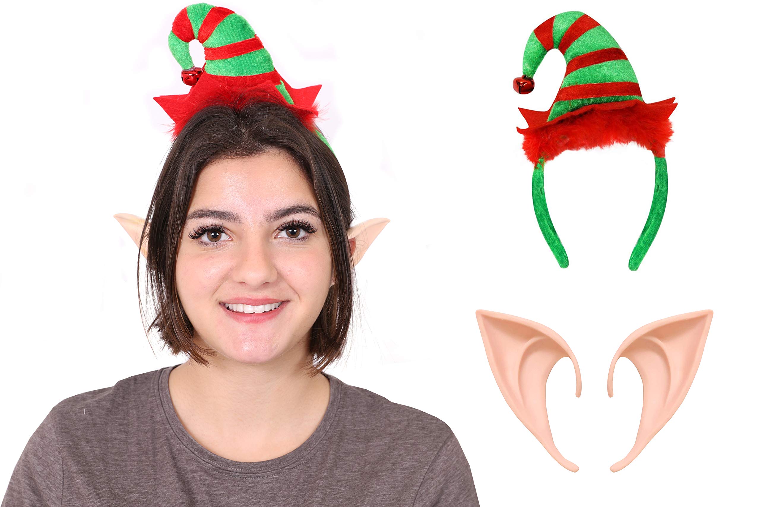 Adults Elf Accessories - Green and Red Striped Mini Elf Hat on a Headband + a Pair of Plastic Elf Ears - Santa's Little Helper Christmas Fancy Dress Costume Accessory Set (One Size)
