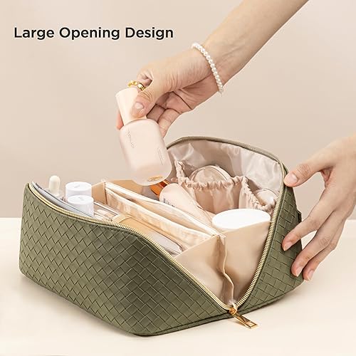Miniatura 3 de HBselect Bolsa de maquillaje de viaje, bolsas de cosméticos de gran capacidad para mujeres, bolsa portátil impermeable, bolsa de aseo plana abierta,