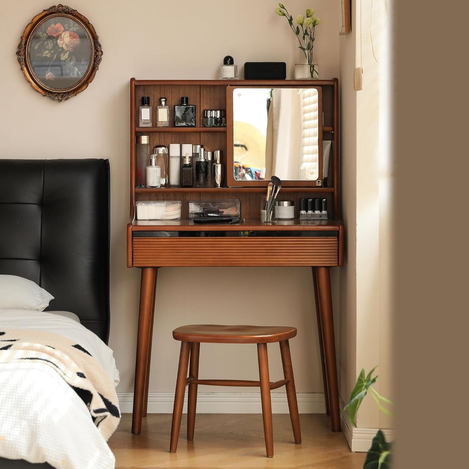 YESWOOD Small Vanity Desk with Mirror, Solid Wood Dressing Table, Movable Drawer Divider, 180° Swivel Make-up Mirror Dressing Desk for Bedroom, Teak Color, 33" D x 16.5" W x 50" H