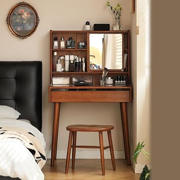 Small Vanity Desk with Mirror, Solid Wood Dressing Table, Movable Drawer Divider, 180 Swivel Make-up Mirror Dressing Desk for Bedroom, Teak Color, 33" D x 16.5" W x 50" H