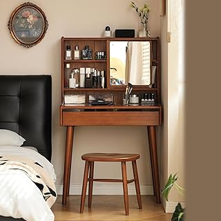 Small Vanity Desk with Mirror, Solid Wood Dressing Table, Movable Drawer Divider, 180° Swivel Make-up Mirror Dressing Desk for Bedroom, Teak Color, 33" D x 16.5" W x 50" H