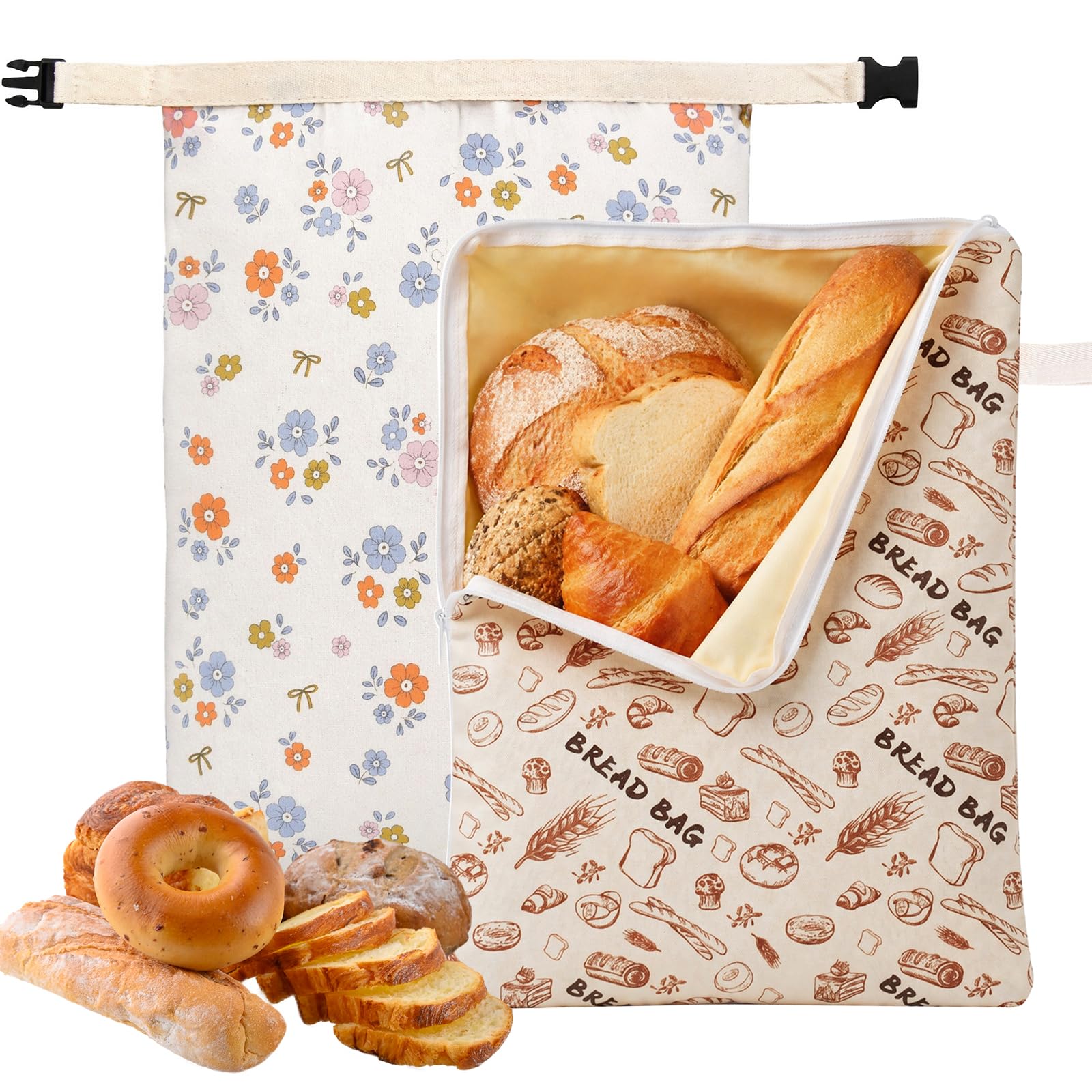 Set da 2 Sacchetti per Pane in Cera d'Api Riutilizzabili 43.2x33cm,Buste in Cotone Rivestito Naturale con Cerniera,Per Pane Fatto in Casa,Prodotti da Forno,Frutta e Verdura,Conservazione Alimenti