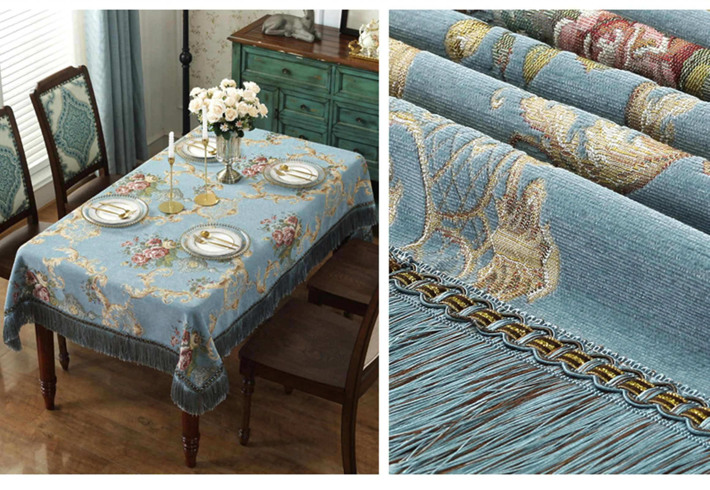 Mantel Cuadrado Azul Exterior, Flores Bordadas con Borlas, de Poliéster Fácil de Limpiar, 160 x 160 cm, Mantel para Comedor y Cocina