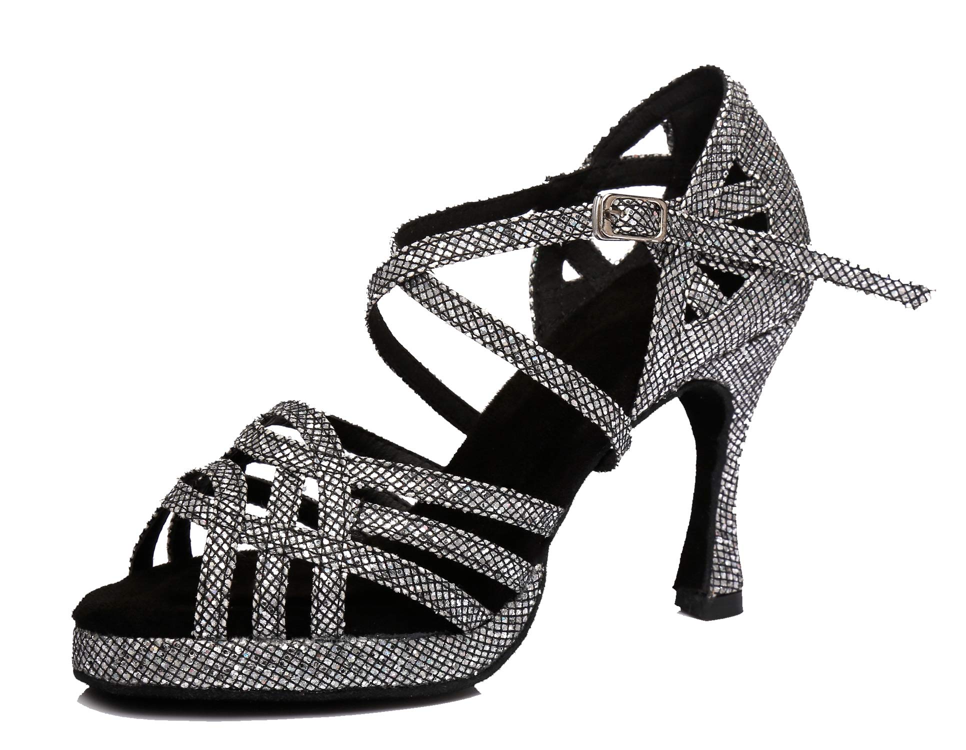 Minishion Women's Latin Salsa Strappy Black Synthetic Dance Shoes Party Sandals US 10