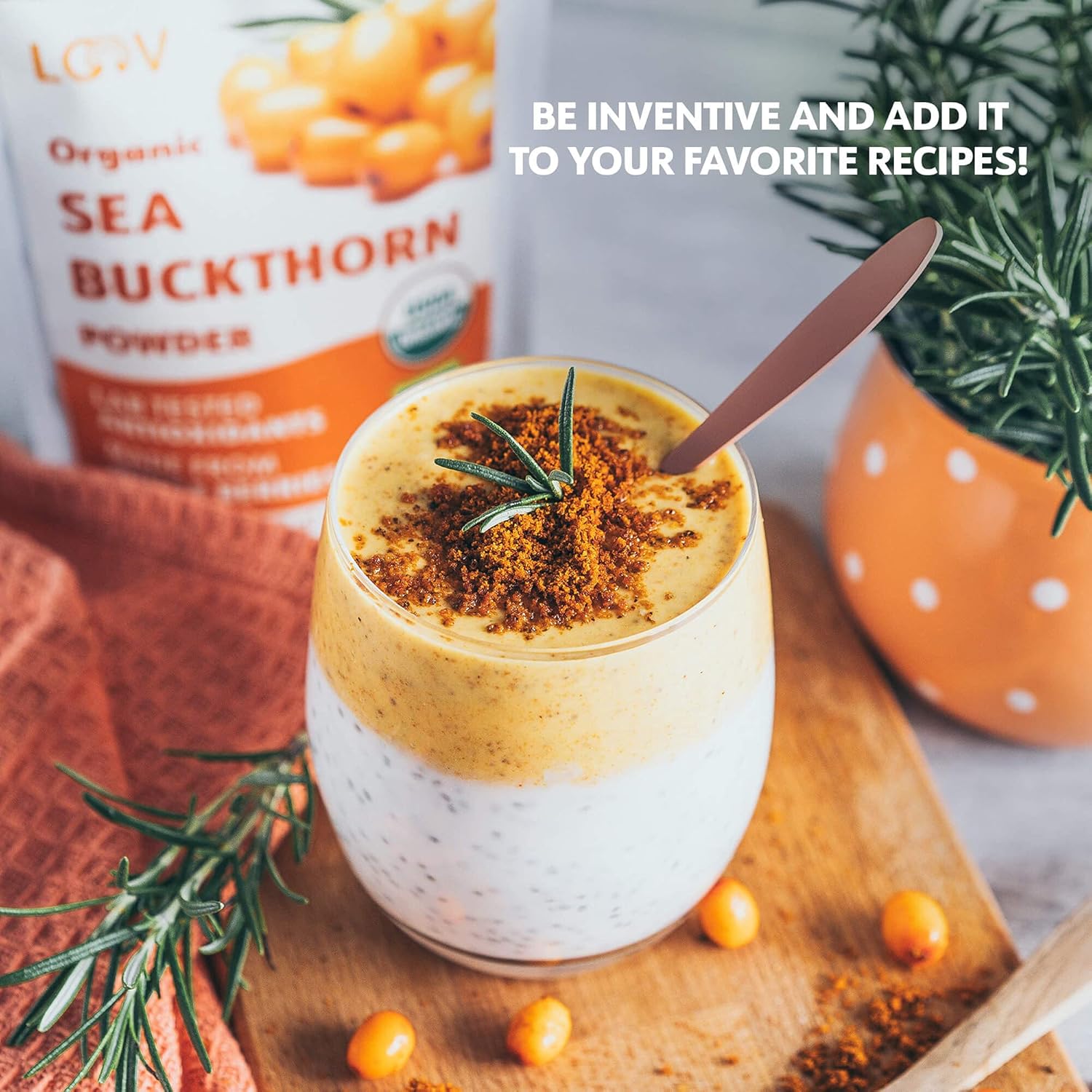 LOOV Organic Sea Buckthorn Berry Powder, High in Fiber, Omegas, Vitamin C, Vitamin E, Made from Whole Berries, 4 Oz, Grown in Nordic Climate, 23-Day Supply, No Added Sugar, Non-GMO