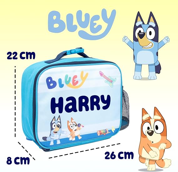 Bluey - Personalised Kids Lunch Bag - Insulated Kids Snack Bag for Boys and Girls for Nursery & School - Name Customisation (Blue)