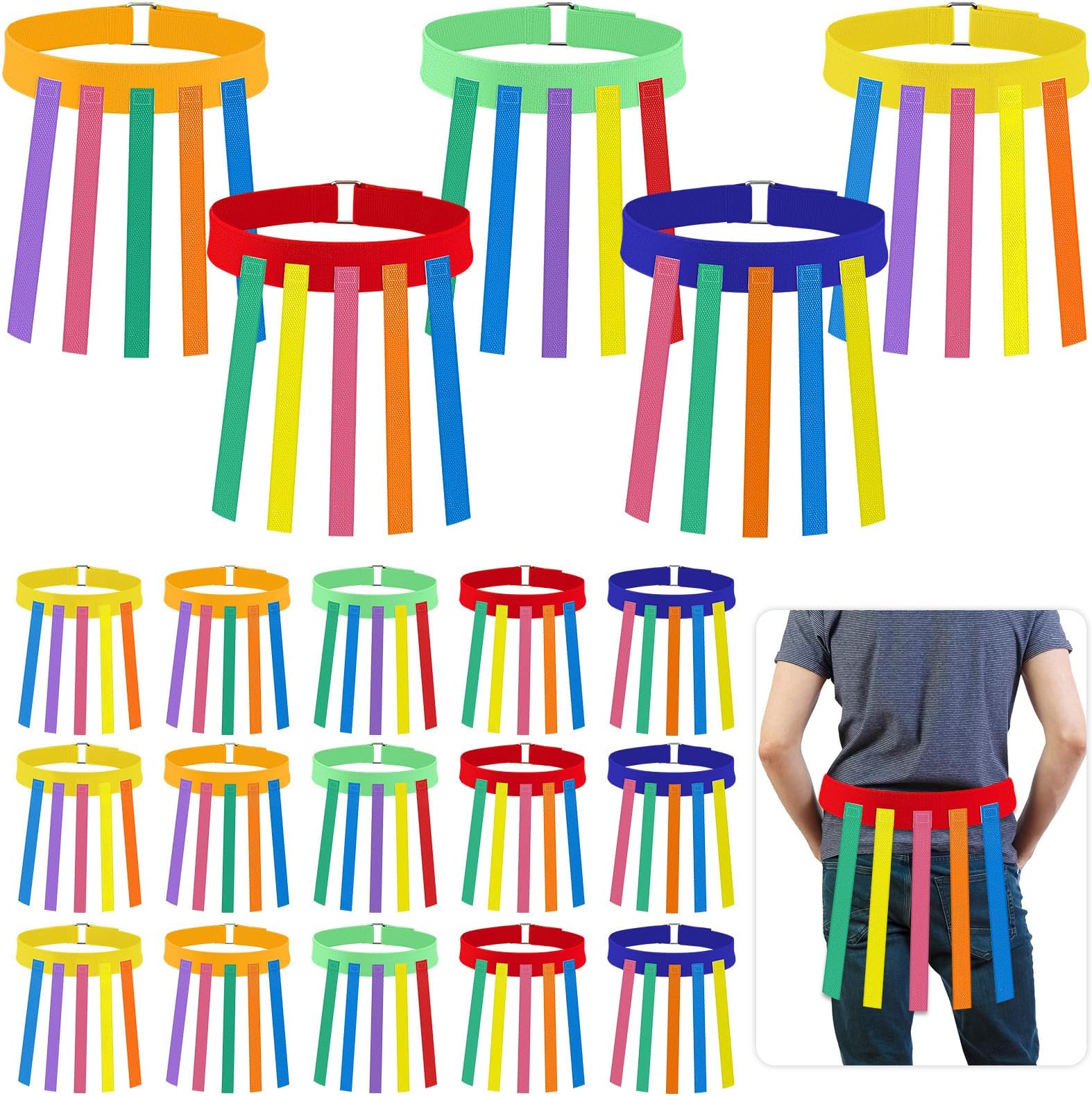 Wettarn 20 Pcs Catch Tail Game Belt Set Field Day Games Catching Equipment for Adults and Kids Ideal for Family Gatherings Parks Reunions Birthday Parties Camping (Red,Orange,Yellow,Green,Blue)