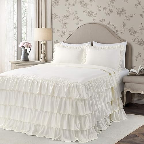 Lush Decor Allison - Juego de colcha de 3 piezas con faldón de volantes, color marfil, ligera, estilo desgastado, rústico y elegante, tamaño queen