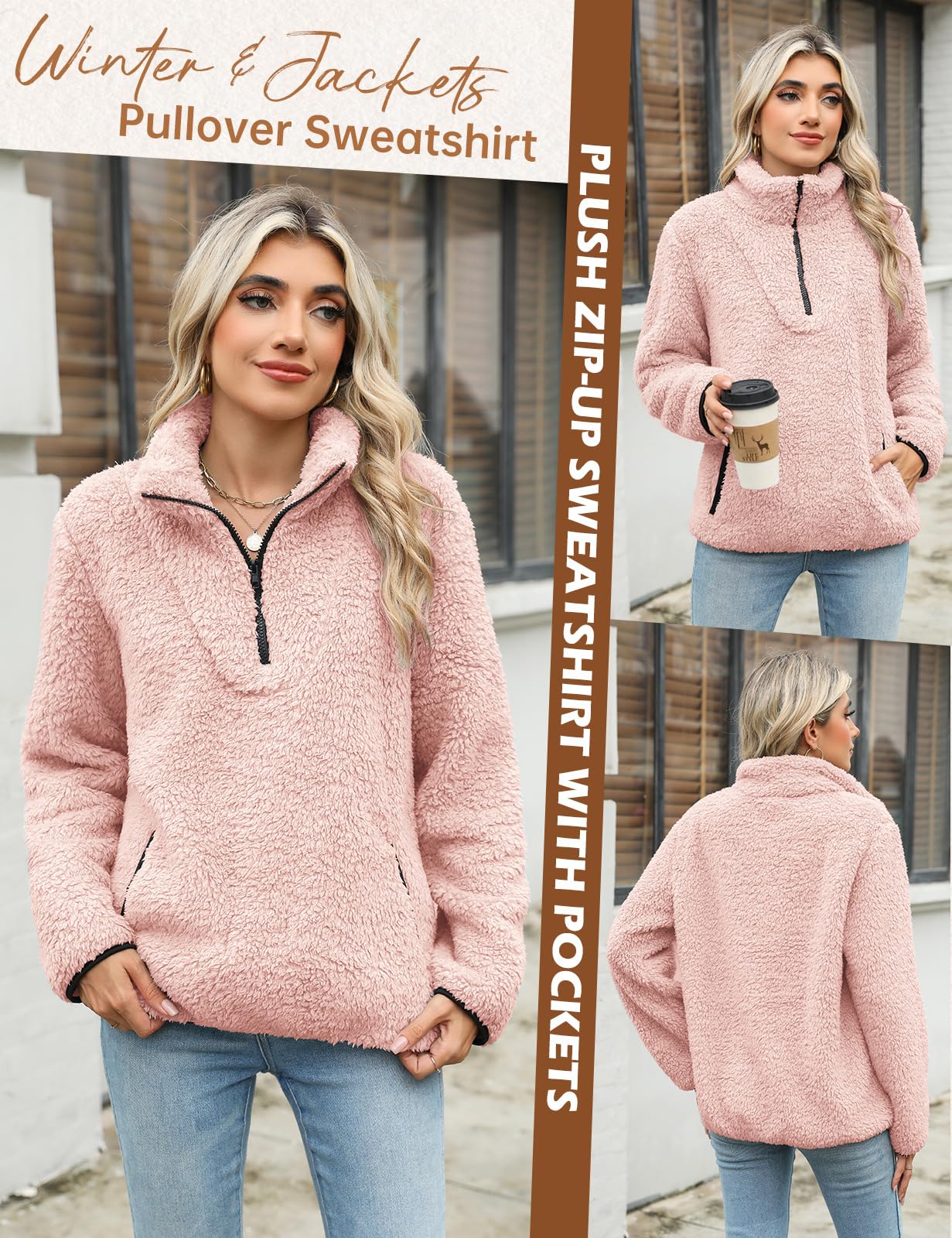 Tuopuda Sudaderas sin Capucha con Cremallera Mujer Jersey de Forro Polar Suelto Sólido Manga Larga Suéter con Bolsillos Sudadera Caliente y Esponjoso Chaquetas Tops Otoño Invierno