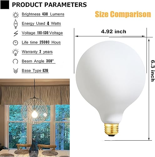 Miniatura 5 de Leools Bombilla LED G40 regulable sin parpadeo mate 4W vidrio esmerilado CRI95 blanco cálido 438LM, equivalente a 40 W, bombilla de filamento LED