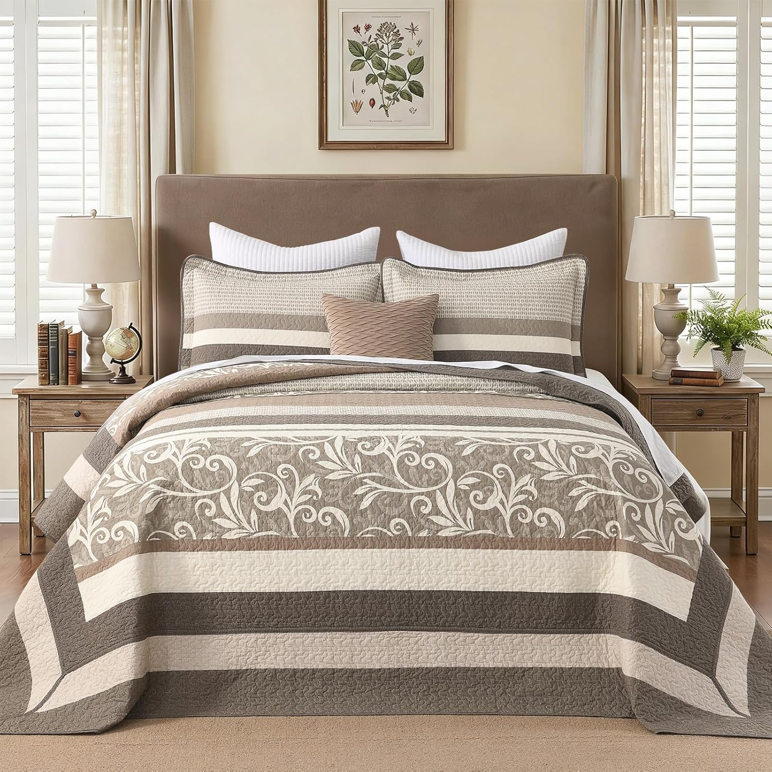 100% Cotton Oversized Bedspread King Size 120"x120" - Lightweight Cal King Quilt with 2 Pillowshams, Farmhouse Botanical Striped Pattern Quilted Bedding Coverlet, 3 Pcs, Beige/Dark Brown