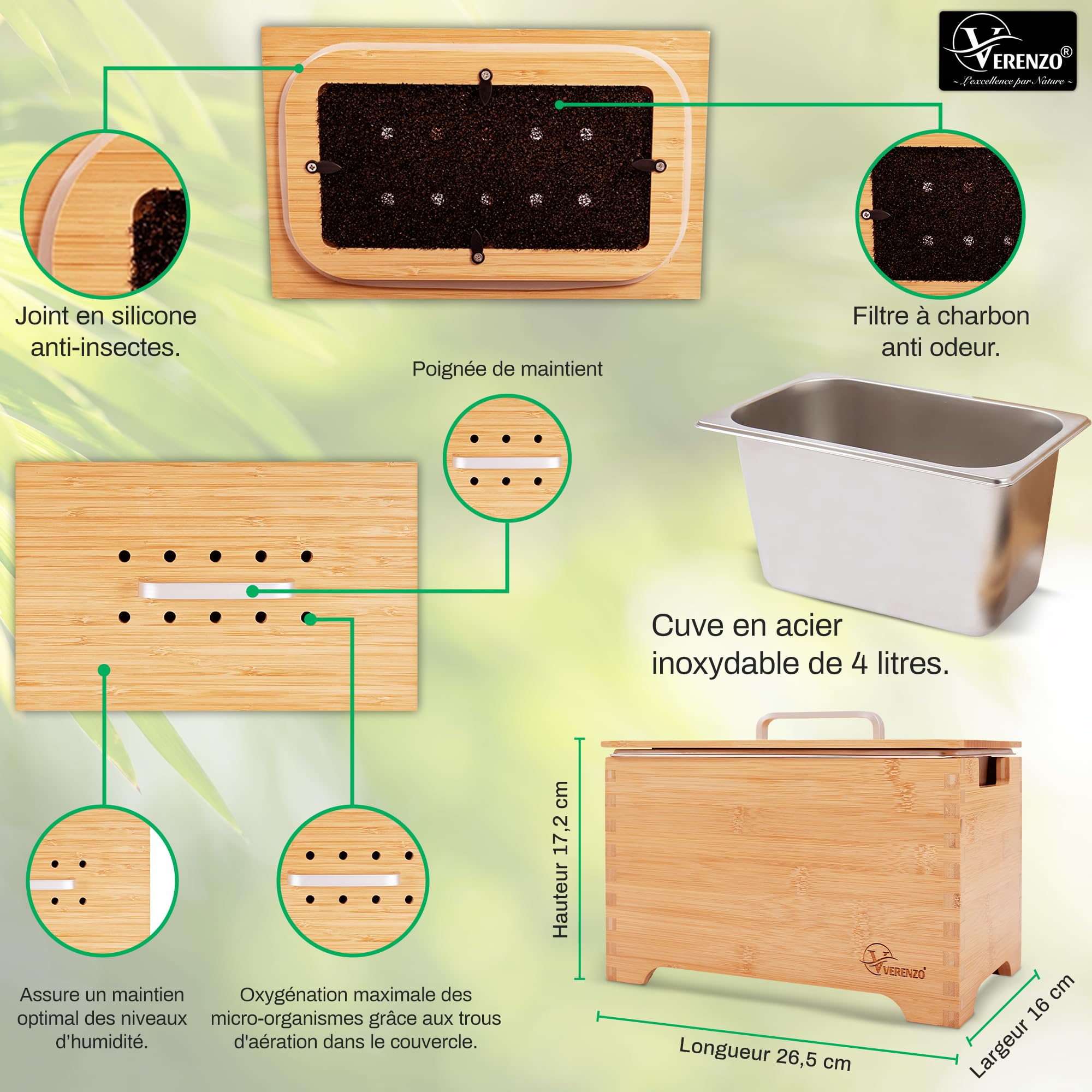 Poubelle Compost Cuisine Bio Hermétique Anti-Odeur & Filtre Charbon-Bac à Déchets et Recyclage Organique-Composteur Cuisine Pour Biodéchets-Bambou-Seau Alimentaire Bois-Poubelles à Compost-4L
