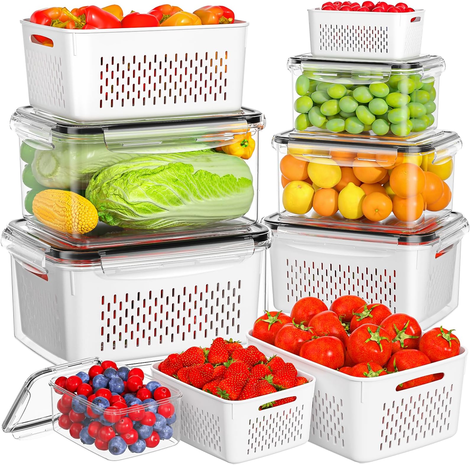 6 Pack Fruit Storage Containers for Fridge with Removable Colanders, BPA Free Food Storage Fridge Organizer, Dishwasher Safe Produce Containers Keep Fruits, Vegetables, Berry, Meat Fresh Longer