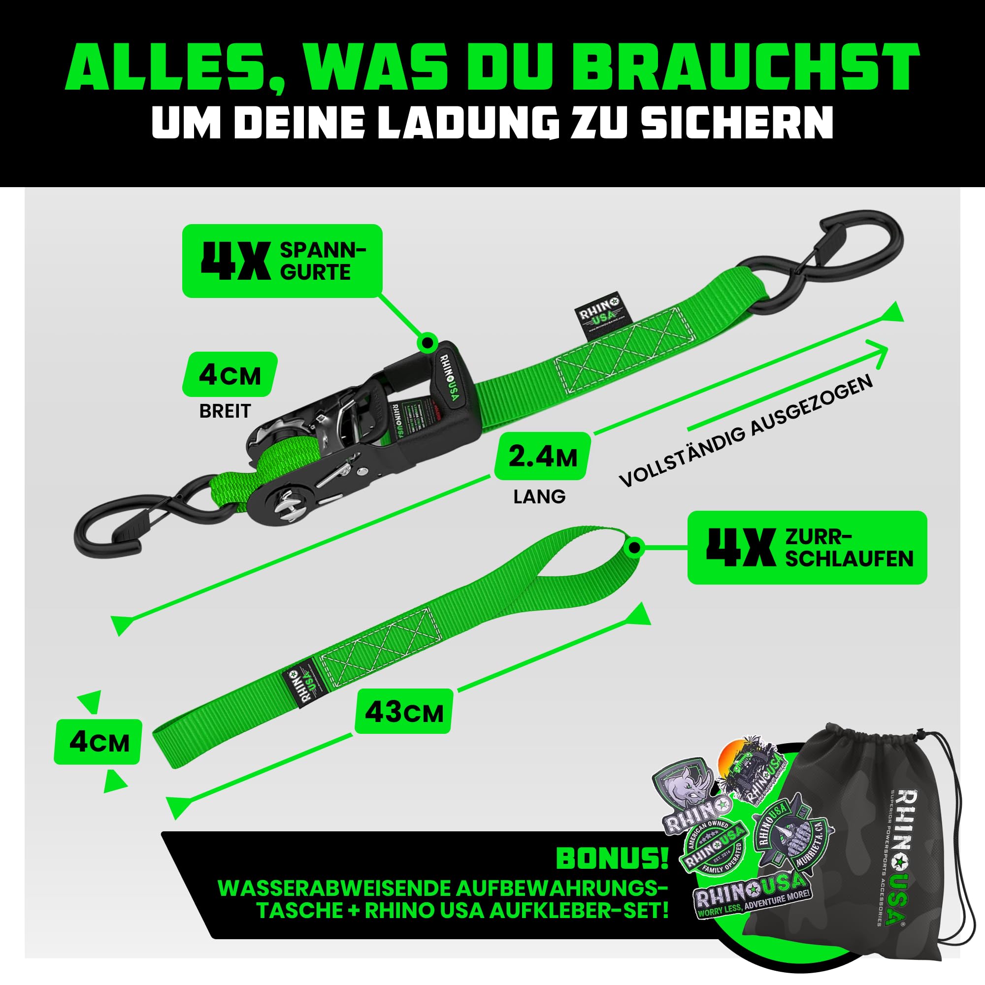 Rhino USA Schwerlast-Ratschengurt-Kit (4er-Pack) – 4 cm x 2,4 m (2.000 kg Bruchlast) – Ultimative Zurrgurte mit Sicherheits-S-Haken für LKWs, ATV, UTV, Motorräder, Ladung und mehr – Grün