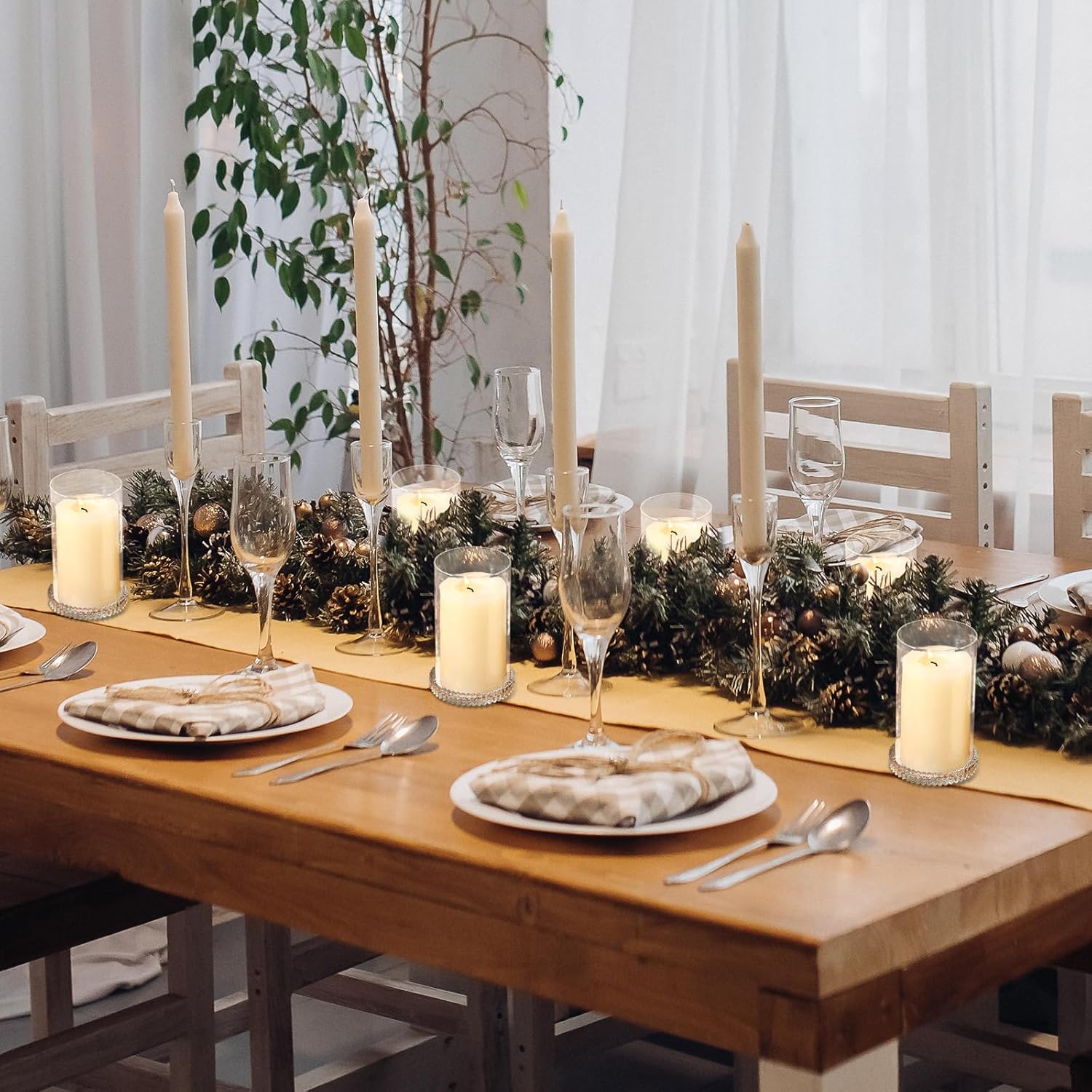 Hurricane Glass Candle Holders Set of 2, Serrated Round Candle Stand for Pillar Candles Modern CandleHolders Cylinder Chimney Cover for Outdoor Wedding Decor Parties & Table Centerpieces - Image 6