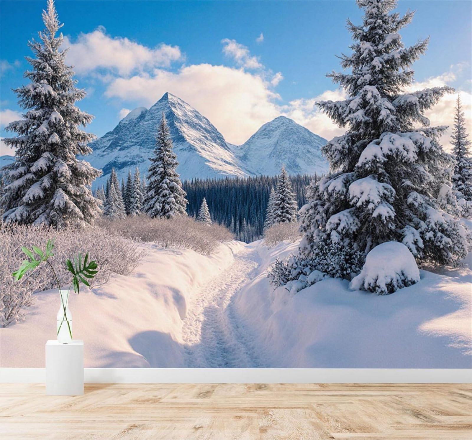 XLMING Winter Snow Capped Mountain Scenery Pine Trees Path 3D Wallpaper Silky Texture Home Study Office Grey Dining Room Sofa Bedroom Living Room TV Backdrop-350cm×256cm