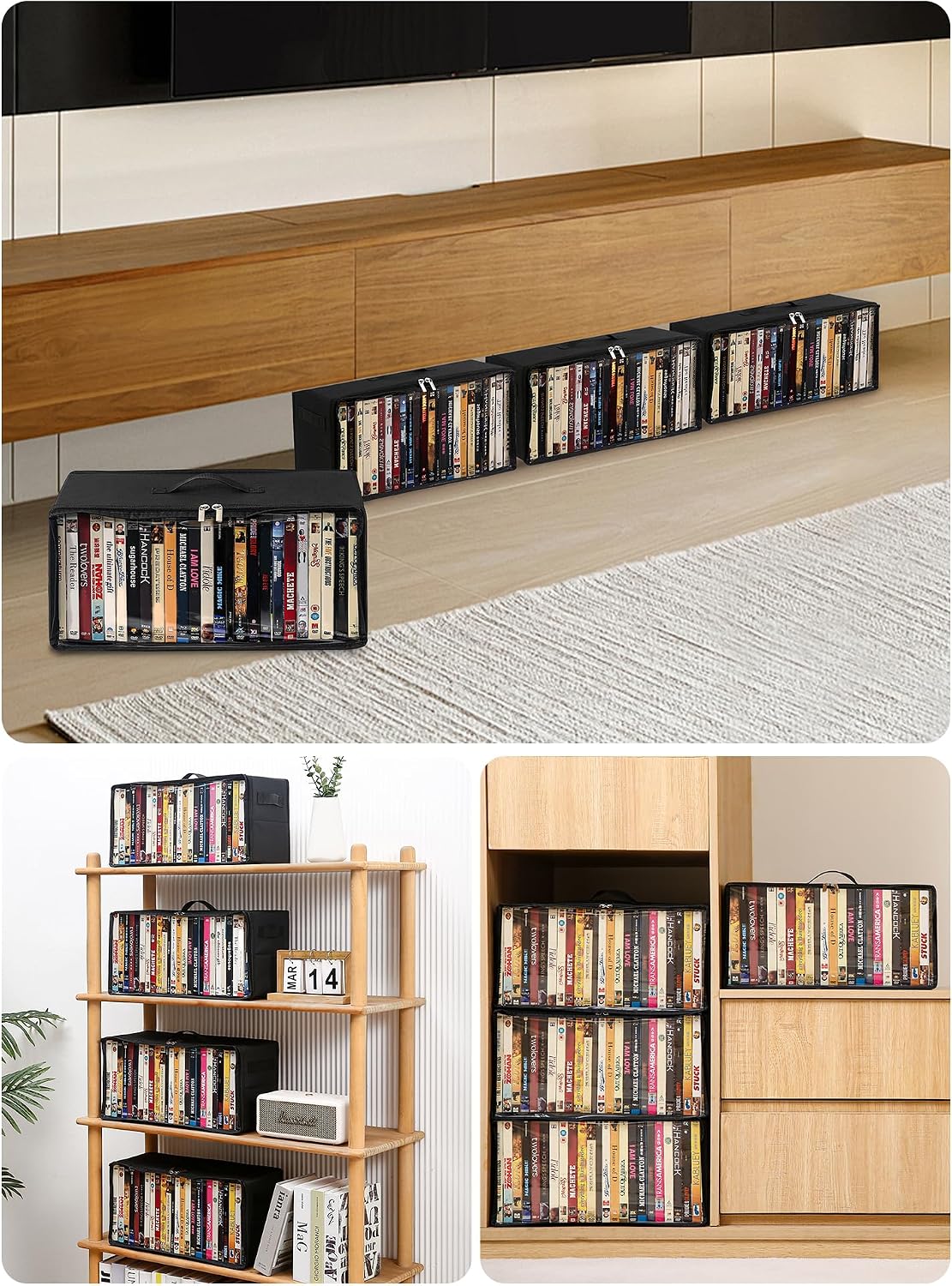 4-Pack DVD Storage Box, Stackable DVD Case Holder Organizer with Front Zippered Clear Window, CD Holder for CD, Blu-ray, VHS, Video Games, and Movie Collection, Holds 100+ Cases