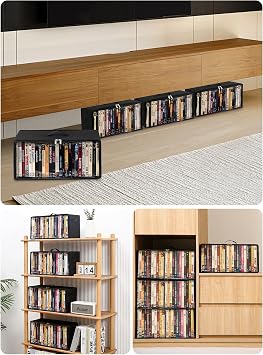 4-Pack DVD Storage Box, Stackable DVD Case Holder Organizer with Front Zippered Clear Window, CD Holder for CD, Blu-ray, VHS, Video Games, and Movie Collection, Holds 100+ Cases