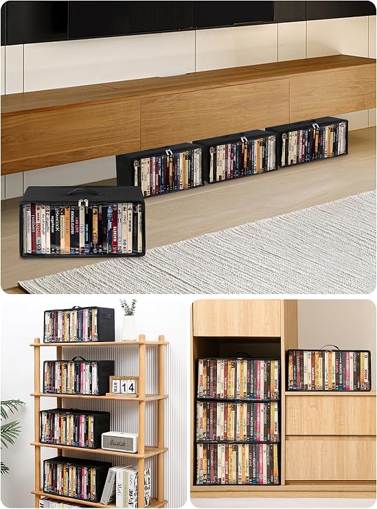 4-Pack DVD Storage Box, Stackable DVD Case Holder Organizer with Front Zippered Clear Window, CD Holder for CD, Blu-ray, VHS, Video Games, and Movie Collection, Holds 100+ Cases