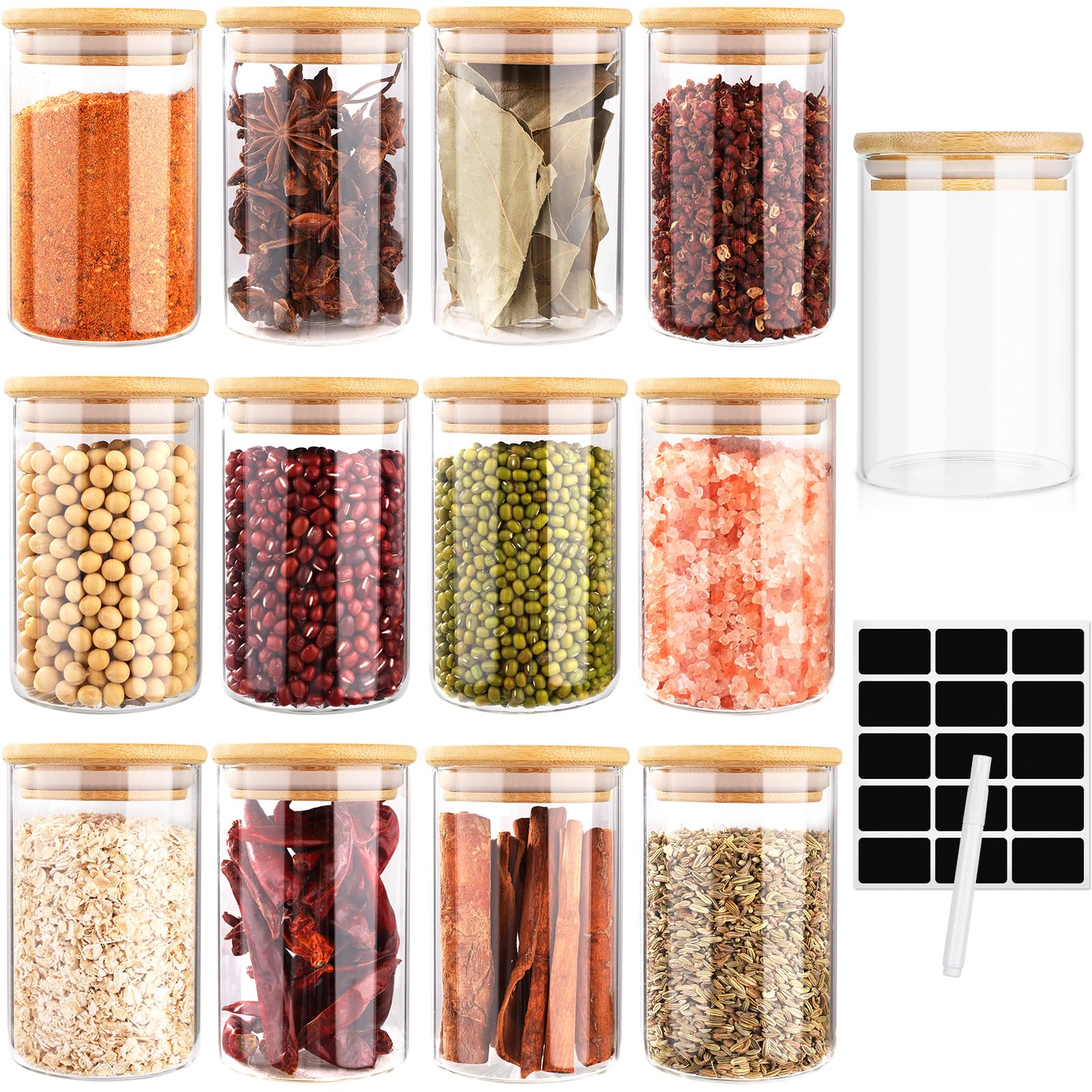 Cinnani Set da 12 Barattoli Spezie Vetro, 200ml Barattolini porta Spezie Vetro con Coperchi in Bambù, Barattoli Spezie per Cucina Ermetici, Trasparente Vasetti Spezie con Etichette