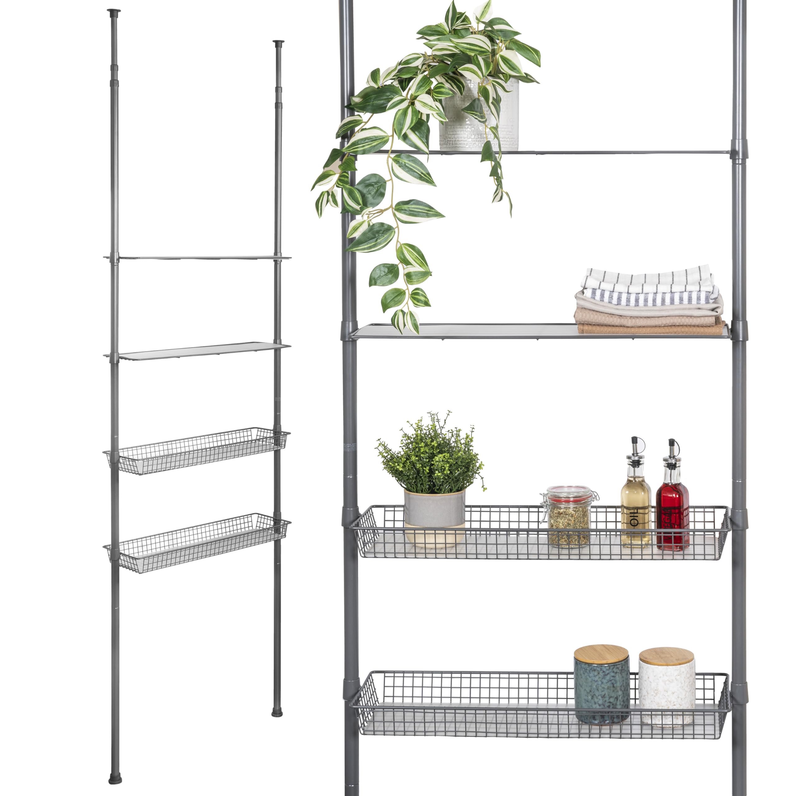 bremermann Teleskop-Regal mit 2 Körben 2 Ablagen, Badregal, Waschmaschinenregal, Allzweckregal für viele Wohnbereiche geeignet, Teleskop-Stange höhenverstellbar bis max. ca. 290 cm (Grau) Küche, Haushalt & Wohnen