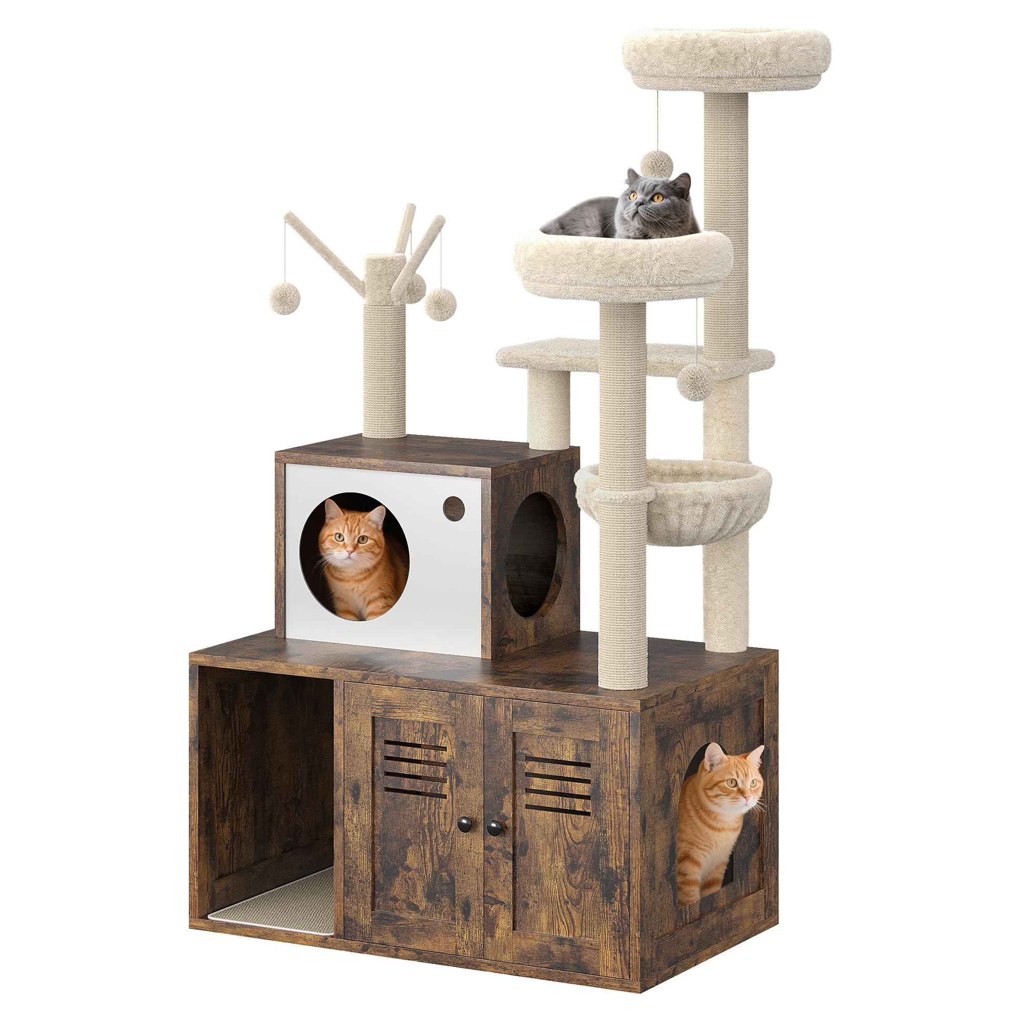 Cat Litter Box Enclosure with Tree Tower and Condo Hidden Pet Washroom Furniture with Sisal Scratching Post Hammocks