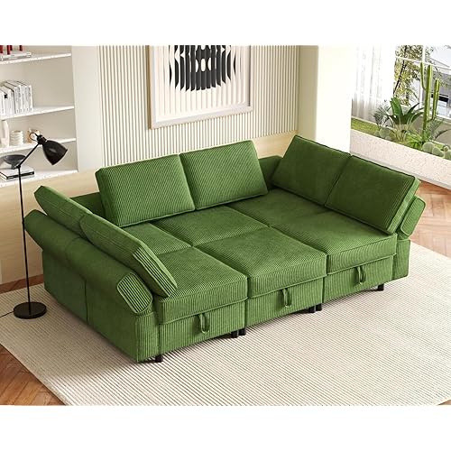Oversized Modular Sectional Sofa Sleeper with Storage, Modern Comfy Couches Adjustable Backrest with Movable Ottoman 6 Seater L Shape Sofas for Living Room Spacious, Green