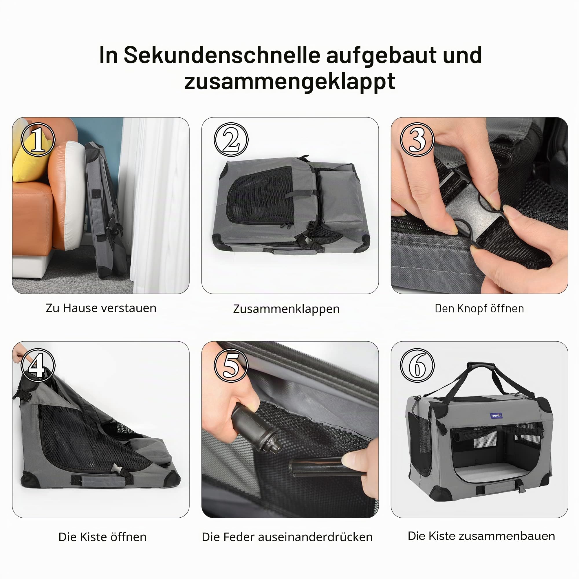 Petprsco Tragbare Faltbare Hundebox, Reise-Hundebox, 60 x 42 x 42 cm, mit weicher, Warmer Decke und faltbarem Napf für große Katzen und kleine Hunde, drinnen und draußen