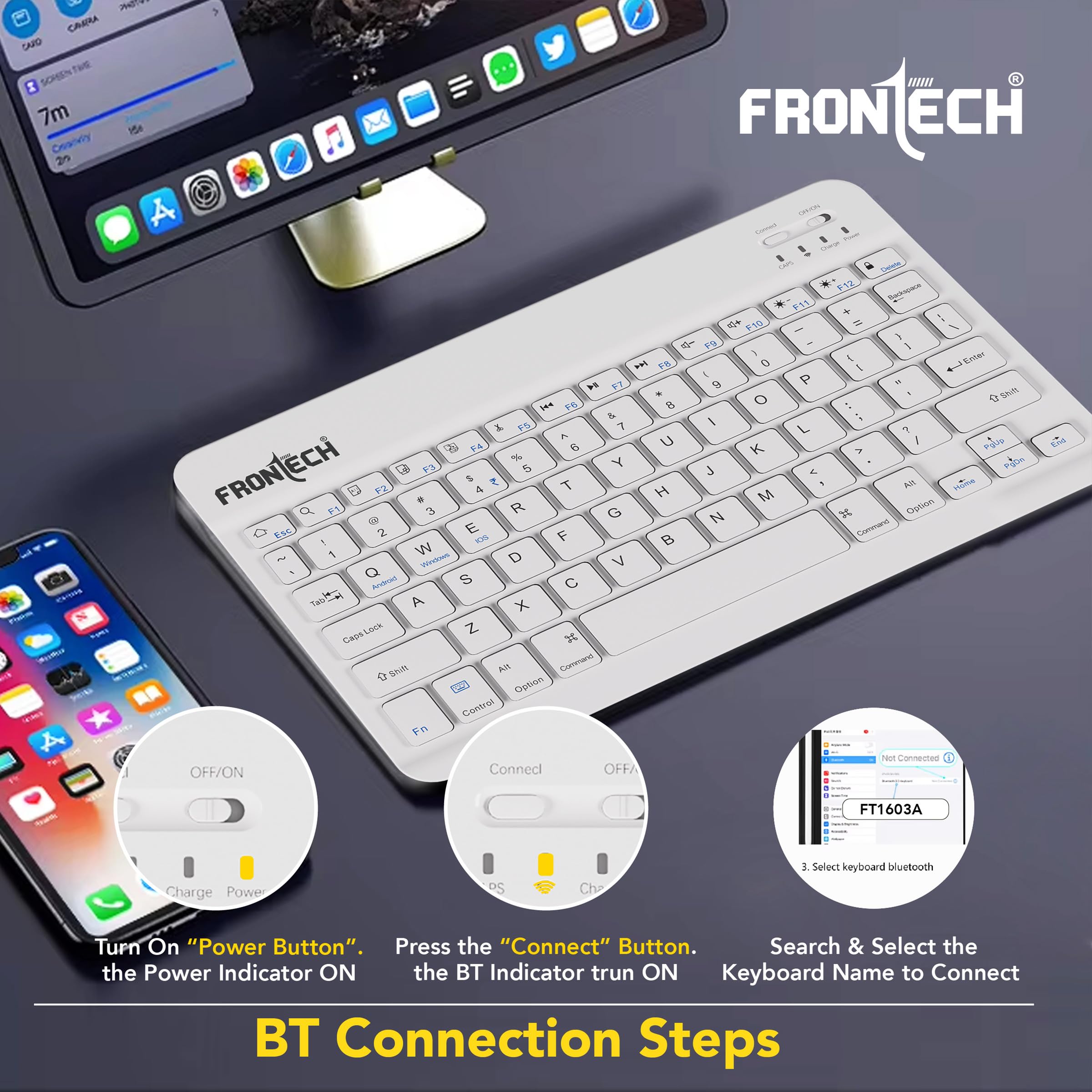 FRONTECH Wireless Mini Keyboard - 78 Keys, Bluetooth Connectivity, Rechargeable, Ultra Slim, Compact Design 1 Year Warranty (FT-1603AW) — Amazon image 5