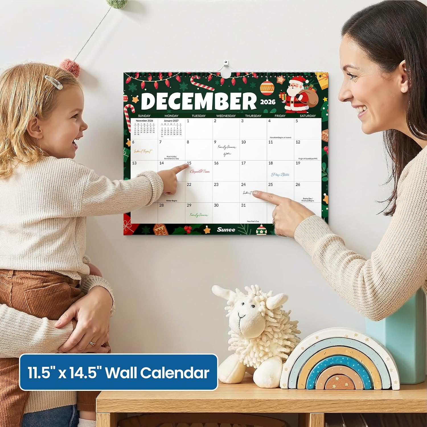 SUNEE Wall Calendar 2027, 18 Months Oct. 2026 – Mar. 2028, 14.5"x11.5" Hanging Calendar with Previous & Next Month Mini Calendars, Bonus 3 Stickers, Premium Thick Paper for Home & Office Planning and Organization, Seasonal image 5