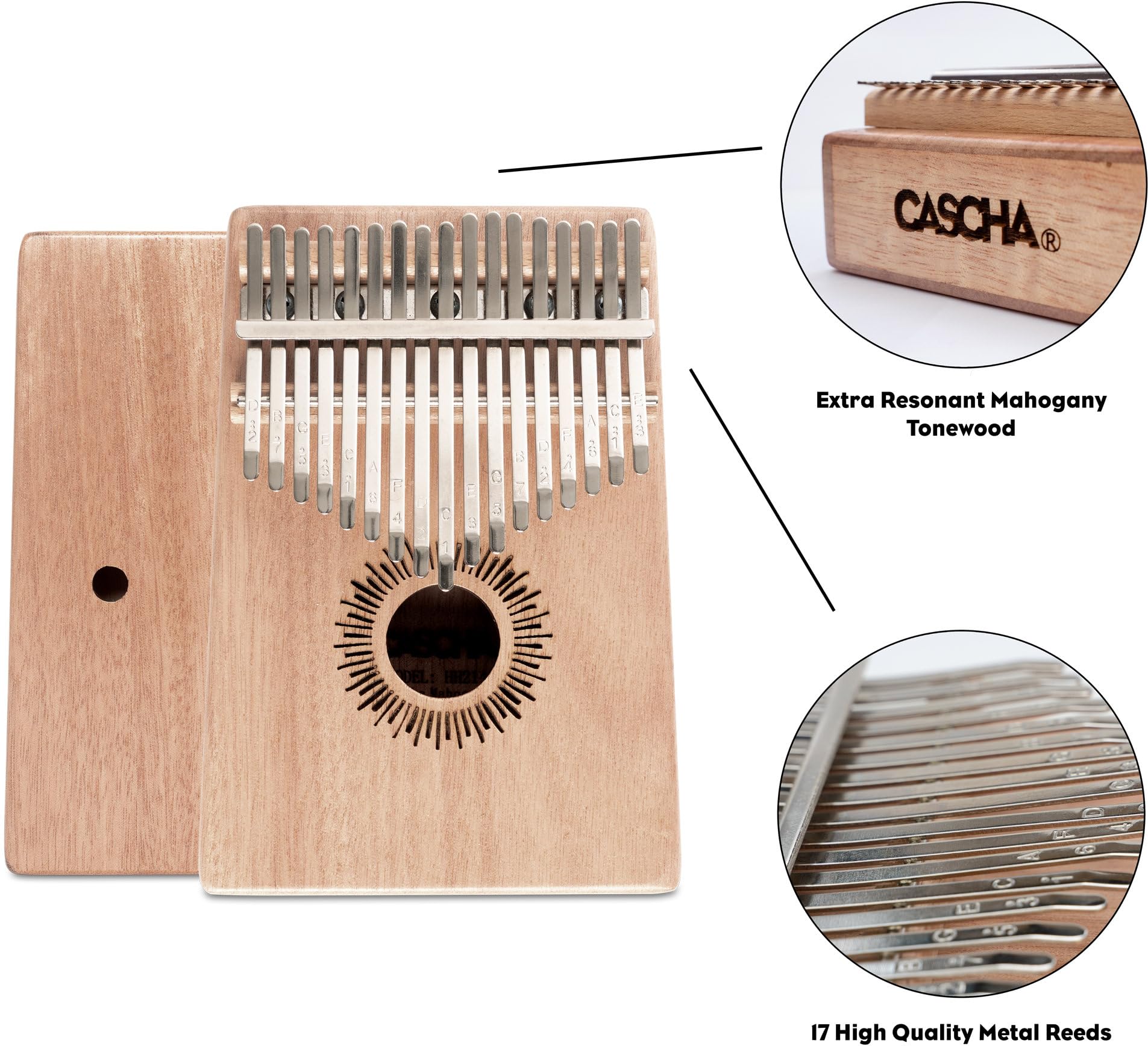 Cascha Kalimba, caoba, pulgar clavier, dedo piano con 10 lengüetas, accesorios, bolsa de plástico, bolsa, paño de limpieza, martillo afinador, pegatina para partituras