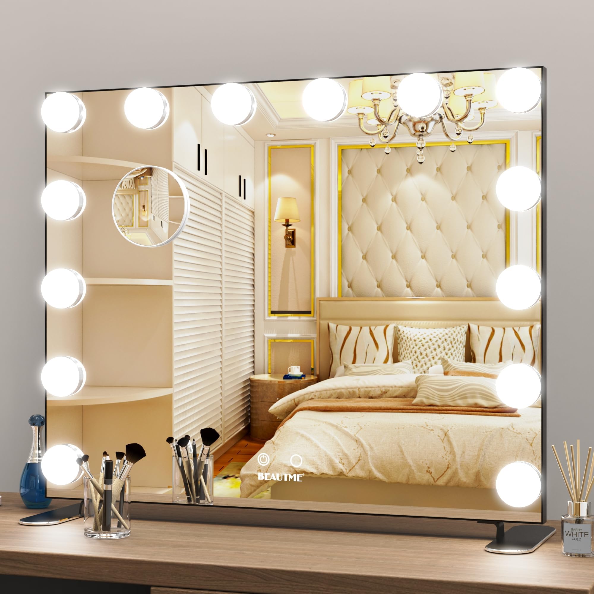 WONSTART Hollywood Mirror with Lights, Makeup Vanity Mirror with 14 LED Bulbs and 3 Adjustable Lighting Modes Tabletop or Hang Wall-mounted (60x18x50 cm) Black