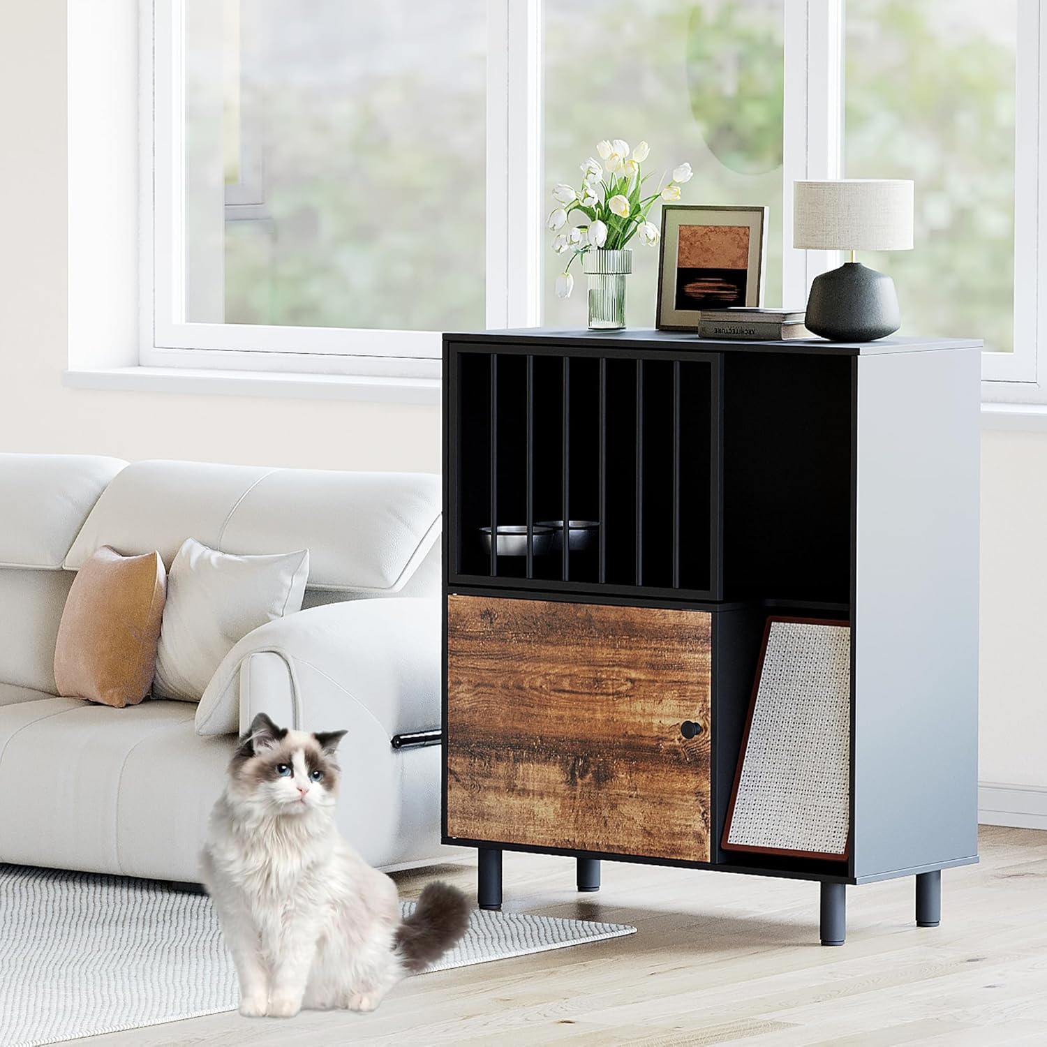 Dog Proof Cat Feeding Station, Cat Feeding Station Furniture with Storage and Cats Scratching Board, 2 Raised Pet Food and Water Bowl for Indoor Cats, Large Pet Cabinet