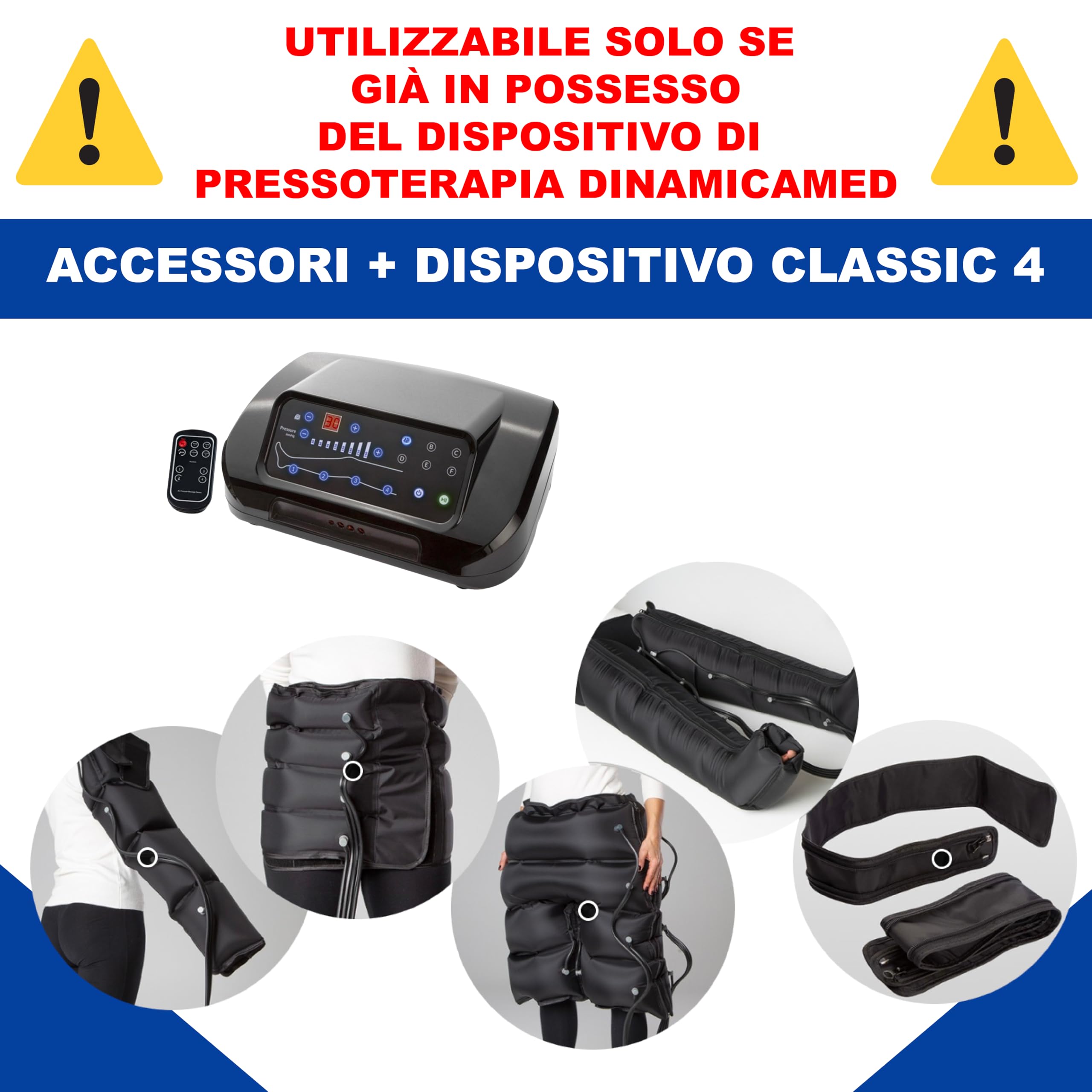 Dinamicamed® PRO 4.0 Pantalone per Glutei Pressoterapia Digitale Classic, 4 camere d’Aria, Pantalone Completo di Tubi
