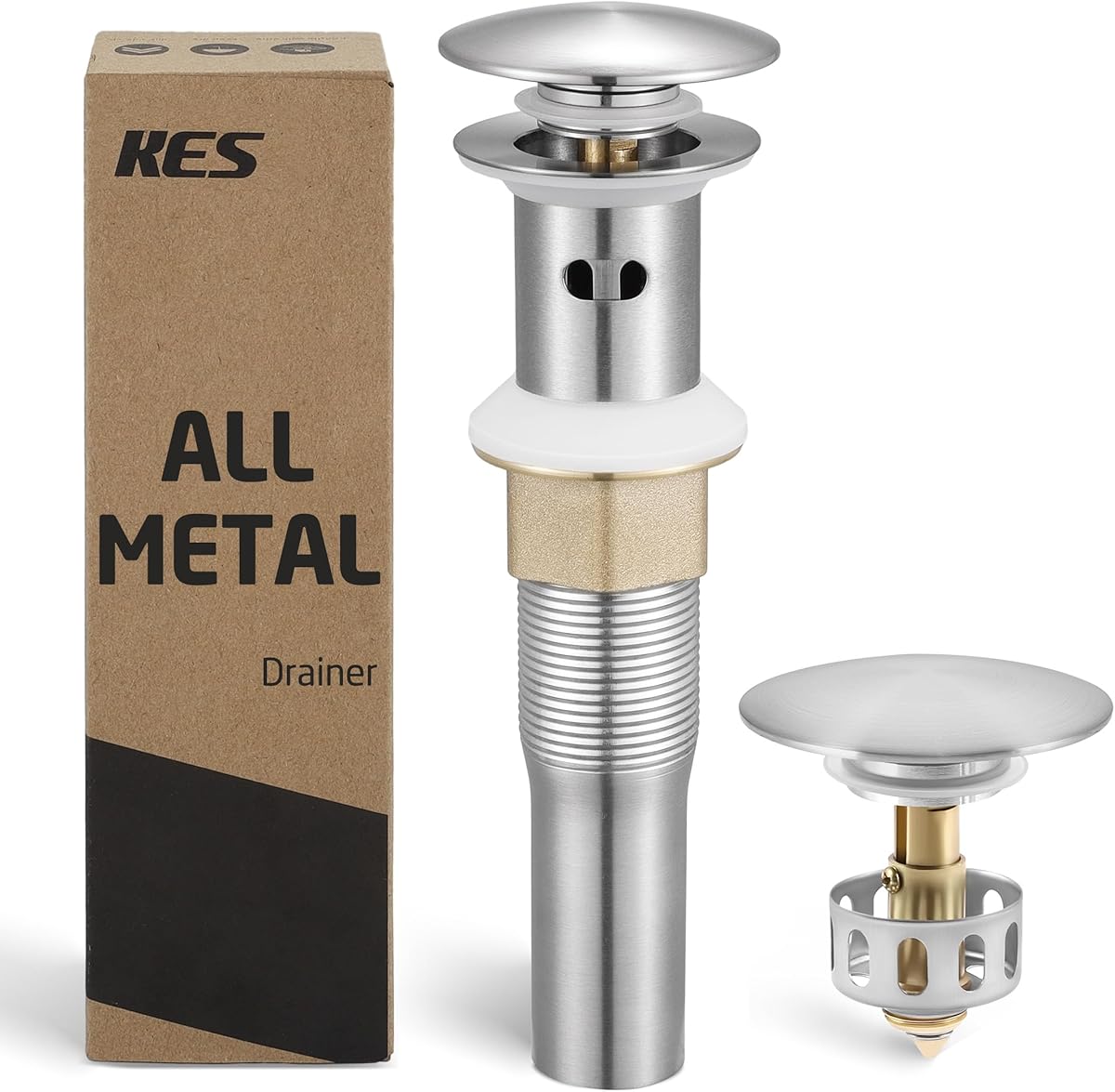 KES Bathroom Sink Drain with Strainer Basket Hair Catcher Anti Clog Pop Up Drain Stopper Vanity Vessel Sink with Overflow, Brushed Nickel S2013A-BN