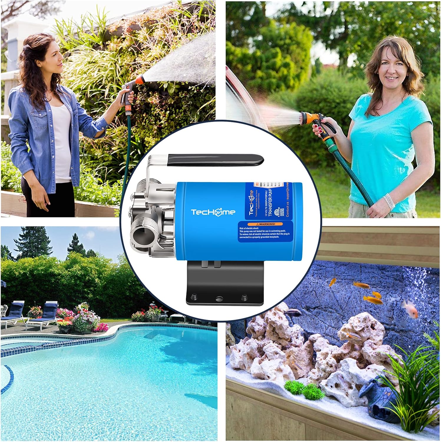 Collage of various applications for the TecHome 12V Portable Water Transfer Pump, including garden watering, pool draining, and aquarium maintenance